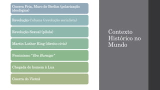 Contexto
Histórico no
Mundo
Guerra Fria, Muro de Berlim (polarização
ideológica)
Revolução Cubana (revolução socialista)
Revolução Sexual (pílula)
Martin Luther King (direito civis)
Feminismo “Bra Burnign”
Chegada do homem à Lua
Guerra do Vietnã
 