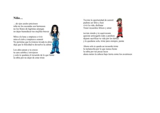 Niña…
                                                 Tuviste la oportunidad de sonreír
…de ojos azules preciosos                        pudiste ser feliz y huir
niña no los escondas son hermosos                vivir la vida, disfrutar
no los llenes de lagrimas amargas                Tener recuerdos felices y amar
no dejes humedecer tus mejillas bravas
                                                 tuviste miedo y te equivocaste
Mira a la luna y empieza a vivir                 quisiste arriesgarlo todo y perdiste
mira al cielo y empieza a sonreír                dejaste sacrificar tu vida por los demás
No permitas que la tristeza invada tu alma       y te quedaras sola, triste para siempre, jamás
deja que la felicidad te devuelva la calma
                                                 Ahora solo te queda un recuerdo triste
Los años pasan y tu creces                       la melancolía por lo que nunca fuiste
tu cara cambia y envejeces                       la rabia por tus pocas luces
y solo te quedara el recuerdo de lo que fuiste   ahora metes la cabeza bajo tierra como los avestruces
la rabia por no dejar de estar triste
 