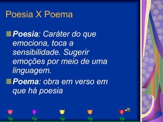 Poesia X Poema Poesia : Caráter do que emociona, toca a sensibilidade. Sugerir emoções por meio de uma linguagem. Poema : obra em verso em que há poesia 