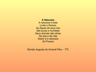 A Natureza A natureza é bela Linda e Serena As Águas de seus rios São puras e humildes Seus animais são obras De arte e de vida Assim é a natureza Só Pureza Renato Augusto do Amaral Filho -  7ªC 