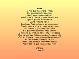 Nada Tudo o que eu sempre sonhei, Foi ter alguém do meu lado, Alguém que me entendesse, Alguém que soubesse quando estou triste, Alguém que me tratasse bem, Como você me tratou. Queria que tudo voltasse a ser como antes Queria poder te abraçar  tocar no seu rosto Poder dizer o quanto eu amo você E o quanto eu sofri com a sua partida E o quanto eu sofro até hoje... só por tua causa Hoje eu vejo  que tudo que sonhei ficou para trás Pois você estava presente em cada sonho meu! Percebo que em cada atitude sua, O que você pensava sobre mim mudou. Assim como o que eu sentia por você. PAULA LIZETE 8ª   