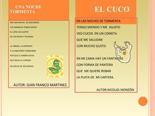 UNA NOCHE  TORMENTA  EL CUCO  ERA UNA NOCHE  DE OSCURIDAD LOS ANIMALES TENIAN MIEDO EL LEÓN LOS ALERTÓ DE LOS RAYOS Y TRUENOS. LA VÍBORA, LA SERPIENTE  Y LA ANACONDA TEMBLABAN  POR QUE LE HABÍAN DICHO  QUE SALIA LA LLORONA EN NOCHE DE OSCURIDAD . AUTOR: GIAN FRANCO MARTINEZ. EN LAS NOCHES DE TORMENTA  TENGO MIENDO Y ME  ASUSTO VEO CUCOS  EN UN COMETA  QUE ME SALUDAN  CON MUCHO GUSTO. EN MI CAMA HAY UN FANTASMA  CON FORMA DE PANTERA QUE  ME QUIERE ROBAR  LA PLATA DE  MI CARTERA. AUTOR:NICOLÁS MONZÓN.  
