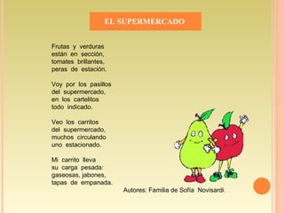 EL SUPERMERCADO  Frutas  y  verduras están  en  sección, tomates  brillantes, peras  de  estación. Voy  por  los  pasillos del  supermercado, en  los  cartelitos todo  indicado. Veo  los  carritos del  supermercado, muchos  circulando uno  estacionado. Mi  carrito  lleva su  carga  pesada: gaseosas, jabones, tapas  de  empanada. Autores: Familia de  Sofía  Novisardi .  