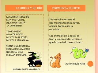 LA BRUJA Y EL RÍO TORMENTA FUERTE  LA CORRIENTE DEL RÍO ESTA TAN FUERTE, ¡QUE FUERTE ESTÁ LA CORRIENTE! TENGO MIEDO  A LA CORRIENTE ME VOY PARA ATRÁS ME VOY A MI CASA YA. SUEÑO UNA PESADILLA CON LA BRUJA MARUJA QUE DE SU OLLA LE SALEN BURBUJAS. AUTORA SOFÍA NOVISARDI ¡ Hay mucha tormenta! hay muchos truenos ,rayos, anda la llorona por la oscuridad. Los animales de la selva, el  león y la anaconda, serpiente  que le da miedo   la oscuridad. Autor :Paulo Arce 
