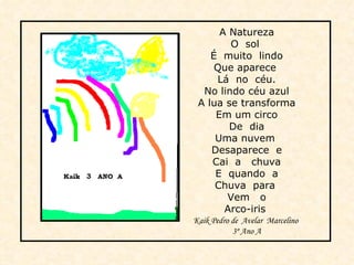 A Natureza O  sol  É  muito  lindo Que aparece  Lá  no  céu. No lindo céu azul A lua se transforma Em um circo De  dia Uma nuvem  Desaparece  e Cai  a  chuva E  quando  a Chuva  para  Vem  o Arco-iris  Kaik Pedro de  Avelar  Marcelino  3º Ano A 
