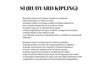 Si puedes conservar la cabeza cuando a tu alrededor
todos la pierden y te echan la culpa;
si puedes confiar en tí mismo cuando los demás dudan de tí,
pero al mismo tiempo tienes en cuenta su duda;
si puedes esperar y no cansarte de la espera,
o siendo engañado por los que te rodean, no pagar con mentiras,
o siendo odiado no dar cabida al odio,
y no obstante no parecer demasiado bueno, ni hablar con demasiada
sabiduria…
Si puedes soñar y no dejar que los sueños te dominen;
si puedes pensar y no hacer de los pensamientos tu objetivo;
si puedes encontrarte con el triunfo y el fracaso (desastre)
y tratar a estos dos impostores de la misma manera;
si puedes soportar el escuchar la verdad que has dicho:
tergiversada por bribones para hacer una trampa para los necios,
o contemplar destrozadas las cosas a las que habías dedicado tu vida
y agacharte y reconstruirlas con las herramientas desgastadas…
SI (RUDYARD KIPLING)
 