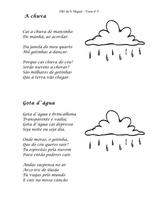 EB1 de S. Miguel – Viseu nº 5
A chuva


Cai a chuva de mansinho
De manhã, ao acordar.

Da janela do meu quarto
Mil gotinhas a dançar.

Porque cai chuva do céu?
Serão nuvens a chorar?
São milhares de gotinhas
Que à terra vão chegar.




Gota d`água

Gota d`água é brincalhona
Transparente e vadia;
Gota d`água cai depressa
Seja noite ou seja dia.

Onde moras, ó gotinha,
Que do céu queres sair?
Tu espreitas pela nuvem
Para então poderes cair.

Andas suspensa no ar
Arco-íris de ilusão
Tu viajas pelo mundo
E cais na nossa canção
 