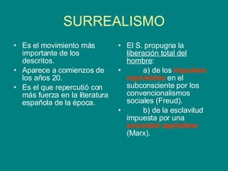 SURREALISMO Es el movimiento más importante de los descritos.  Aparece a comienzos de los años 20.  Es el que repercutió con más fuerza en la literatura española de la época. El S. propugna la  liberación total del hombre : a) de los  impulsos reprimidos  en el subconsciente por los convencionalismos sociales (Freud). b) de la esclavitud impuesta por una  sociedad capitalista  (Marx). 