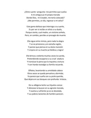 ¿Dime suerte –pregunta- me permites que vuelva
       A mi antigua ya mi propia morada
  Donde Dios, mi Creador, me tenía colocada?
   ¿Me permites, un día, regresar a mi selva?

  Este gamo dolioso que interroga a su suerte,
     Es por ver si recibe un alivio a su duelo,
 Porque siente, cual madre, un vivísimo anhelo,
Pero, en cambio, percibe un presagio de muerte.

   Ella sigue entre mimos, pero nada la alegra
      Y se ve prisionera y en extraña región,
    Y parece que piensa en su dulce mansión
   Y creyera en su muerte ya fatídica y negra!

  Ella brinca y violenta muchas veces la cuerda,
   Pretendiendo escaparse a su cruel atadura
   Y transluce la pena que la inquieta y tortura
    Y con honda nostalgia su familia recuerda.

    Olfatea, levantando su amoldada cabeza
   Otras veces se queda pensativa y dormida;
   Ya parece que sueña con su prole querida,
Que dejara en sus bosques con profunda tristeza.

     De su albígena leche sus hijuelos carece
   Y afanosos la buscan en su agreste morada,
     Y cautiva y sufriente ya se ve desolada,
   Y sus pobres lactantes de hambre parecen.
 