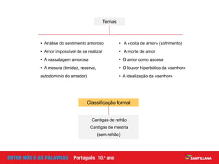 Cantigas de refrão
Cantigas de mestria
(sem refrão)
Classificação formal
• Análise do sentimento amoroso
• Amor impossível de se realizar
• A vassalagem amorosa
• A mesura (timidez, reserva,
autodomínio do amador)
• A «coita de amor» (sofrimento)
• A morte de amor
• O amor como ascese
• O louvor hiperbólico da «senhor»
• A idealização da «senhor»
Temas
 