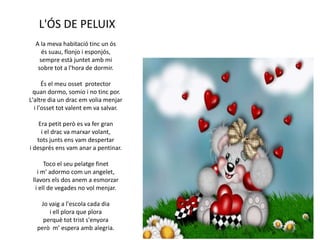 L'ÓS DE PELUIX
A la meva habitació tinc un ós
és suau, flonjo i esponjós,
sempre està juntet amb mi
sobre tot a l'hora de dormir.
És el meu osset protector
quan dormo, somio i no tinc por.
L'altre dia un drac em volia menjar
i l'osset tot valent em va salvar.
Era petit però es va fer gran
i el drac va marxar volant,
tots junts ens vam despertar
i després ens vam anar a pentinar.
Toco el seu pelatge finet
i m' adormo com un angelet,
llavors els dos anem a esmorzar
i ell de vegades no vol menjar.
Jo vaig a l'escola cada dia
i ell plora que plora
perquè tot trist s'enyora
però m’ espera amb alegria.

 