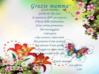 Grazie mammaGrazie mamma
perché mi hai dato
la tenerezza delle tue carezze,
il bacio della buonanotte,
il tuo sorriso premuroso.
Hai incoraggiato
i miei passi
e hai corretto i miei errori.
Hai protetto il mio sentiero,
hai educato il mio spirito
con saggezza e con amore
e mi hai avvolto nella vita.
Grazie mamma!
Con affetto
Cate
 