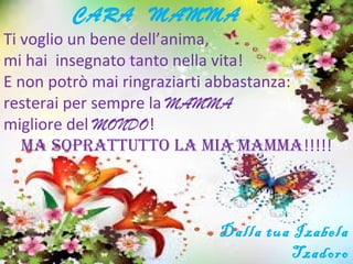 CARA MAMMA
Ti voglio un bene dell’anima,
mi hai insegnato tanto nella vita!
E non potrò mai ringraziarti abbastanza:
resterai per sempre la MAMMA
migliore del MONDO!
Ma soprattutto la Mia MaMMa!!!!!
Dalla tua Izabela
Tzadoro
 