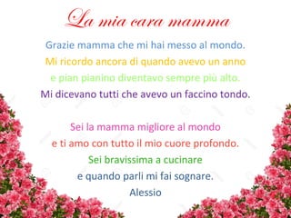 La mia cara mamma
Grazie mamma che mi hai messo al mondo.
Mi ricordo ancora di quando avevo un anno
e pian pianino diventavo sempre più alto.
Mi dicevano tutti che avevo un faccino tondo.
Sei la mamma migliore al mondo
e ti amo con tutto il mio cuore profondo.
Sei bravissima a cucinare
e quando parli mi fai sognare.
Alessio
 