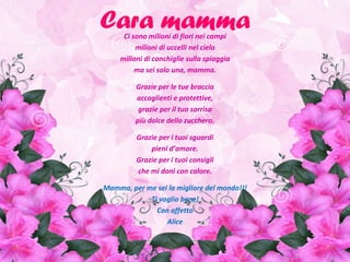 Cara mammaCi sono milioni di fiori nei campi
milioni di uccelli nel cielo
milioni di conchiglie sulla spiaggia
ma sei solo una, mamma.
Grazie per le tue braccia
accoglienti e protettive,
grazie per il tuo sorriso
più dolce dello zucchero.
Grazie per i tuoi sguardi
pieni d’amore.
Grazie per i tuoi consigli
che mi doni con calore.
Mamma, per me sei la migliore del mondo!!!
Ti voglio bene!
Con affetto
Alice
 