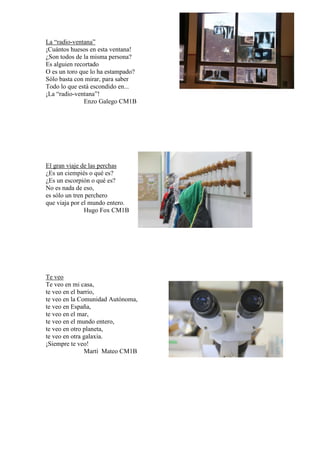 La “radio-ventana”
¡Cuántos huesos en esta ventana!
¿Son todos de la misma persona?
Es alguien recortado
O es un toro que lo ha estampado?
Sólo basta con mirar, para saber
Todo lo que está escondido en...
¡La “radio-ventana”!
Enzo Galego CM1B
El gran viaje de las perchas
¿Es un ciempiés o qué es?
¿Es un escorpión o qué es?
No es nada de eso,
es sólo un tren perchero
que viaja por el mundo entero.
Hugo Fox CM1B
Te veo
Te veo en mi casa,
te veo en el barrio,
te veo en la Comunidad Autónoma,
te veo en España,
te veo en el mar,
te veo en el mundo entero,
te veo en otro planeta,
te veo en otra galaxia.
¡Siempre te veo!
Martí Mateo CM1B
 