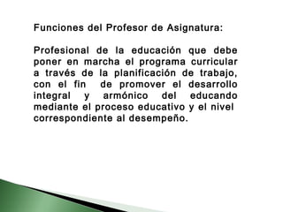 Funciones del Profesor de Asignatura: 
Profesional de la educación que debe 
poner en marcha el programa curricular 
a través de la planificación de trabajo, 
con el fin de promover el desarrollo 
integral y armónico del educando 
mediante el proceso educativo y el nivel 
correspondiente al desempeño. 
 
