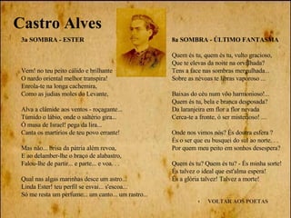 VOLTAR AOS POETAS 3a SOMBRA - ESTER Vem! no teu peito cálido e brilhante O nardo oriental melhor transpira! Enrola-te na longa cachemira, Como as judias moles do Levante, Alva a clâmide aos ventos - roçagante...  Túmido o lábio, onde o saltério gira... Ó musa de Israel! pega da lira... Canta os martírios de teu povo errante! Mas năo... brisa da pátria além revoa, E ao delamber-lhe o braço de alabastro, Falou-lhe de partir... e parte... e voa. . . Qual nas algas marinhas desce um astro... Linda Ester! teu perfil se esvai... s'escoa... Só me resta um perfume... um canto... um rastro... Castro Alves 8a SOMBRA - ÚLTIMO FANTASMA Quem és tu, quem és tu, vulto gracioso,  Que te elevas da noite na orvalhada?  Tens a face nas sombras mergulhada...  Sobre as névoas te libras vaporoso ... Baixas do céu num vôo harmonioso!... Quem és tu, bela e branca desposada? Da laranjeira em flor a flor nevada Cerca-te a fronte, ó ser misterioso! ... Onde nos vimos nós? És doutra esfera ? És o ser que eu busquei do sul ao norte. . .  Por quem meu peito em sonhos desespera? Quem és tu? Quem és tu? - És minha sorte!  És talvez o ideal que est'alma espera!  És a glória talvez! Talvez a morte! 