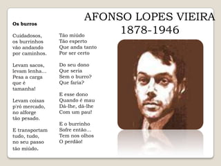 AFONSO LOPES VIEIRA1878-1946Os burrosCuidadosos,os burrinhosvão andandopor caminhos.Levam sacos,levam lenha…Pesa a cargaque é tamanha!Levam coisasp'ró mercado,no alforgetão pesado.E transportamtudo, tudo,no seu passotão miúdo.Tão miúdoTão espertoQue anda tantoPor ser certo Do seu donoQue seriaSem o burro?Que faria? E esse donoQuando é mauDá-lhe, dá-lheCom um pau! E o burrinhoSofre então…Tem nos olhosO perdão!