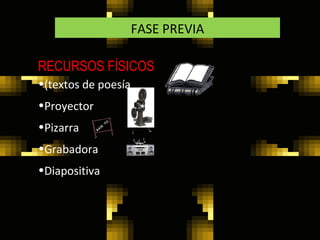 FASE PREVIA RECURSOS FÍSICOS : (textos de poesía Proyector Pizarra Grabadora Diapositiva ) 