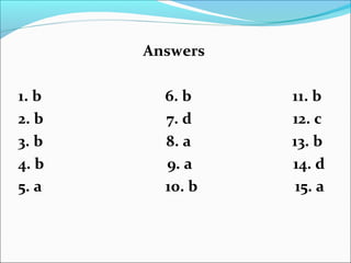 Answers
1. b 6. b 11. b
2. b 7. d 12. c
3. b 8. a 13. b
4. b 9. a 14. d
5. a 10. b 15. a
 