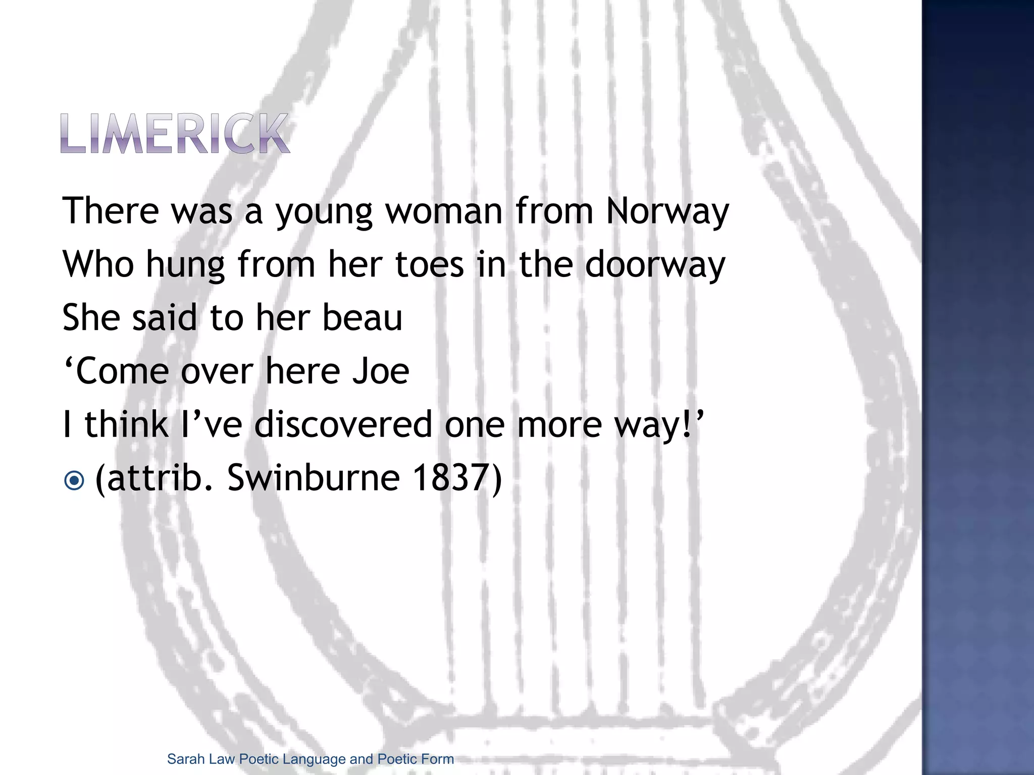 StructuralismAttention paid to all kinds of conventions and generic codes‘a desire to isolate codes, to name the various languages with and among which the text plays...’ (Jonathan Culler, Structuralist Poetics, 1975)SYNCHRONIC  occurring at one point in timeDIACHRONIC  evolving over time‘Literary Competence’Sarah Law Poetic Language and Poetic Form