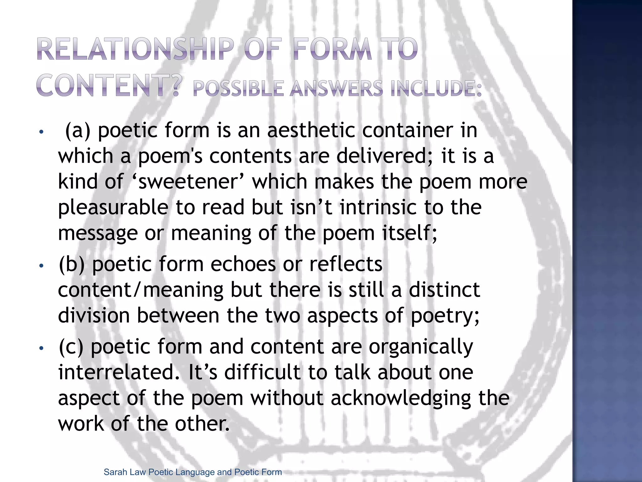 ‘Swan and Shadow’ (John Hollander, 1967)                            Dusk                         Above the                    water hang the                              loud                             flies                             Here                            O so                           gray                          then                         What             A pale signal will appear                        When         Soon before its shadow fades                       Where       Here in this pool of opened eye                       In us     No Upon us As at the very edges                        of where we take shape in the dark air                         this object bares its image awakening                           ripples of recognition that will                              brush darkness up into lighteven after this bird this hour both drift by atop the perfect sad instant now                              already passing out of sight                           toward yet-untroubled reflection                         this image bears its object darkening                        into memorial shades Scattered bits of                       light     No of water Or something across                       water       Breaking up No Being regathered                        soon         Yet by then a swan will have                         gone             Yes out of mind into what                          vast                           pale                            hush                             of a                             place                              past                    sudden dark as                         if a swan                            sangSarah Law Poetic Language and Poetic Form