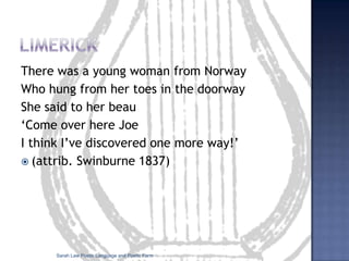 StructuralismAttention paid to all kinds of conventions and generic codes‘a desire to isolate codes, to name the various languages with and among which the text plays...’ (Jonathan Culler, Structuralist Poetics, 1975)SYNCHRONIC  occurring at one point in timeDIACHRONIC  evolving over time‘Literary Competence’Sarah Law Poetic Language and Poetic Form