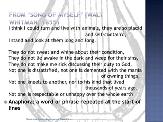 LimerickThere was a young woman from NorwayWho hung from her toes in the doorwayShe said to her beau‘Come over here JoeI think I’ve discovered one more way!’(attrib. Swinburne 1837)Sarah Law Poetic Language and Poetic Form