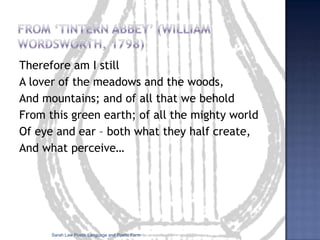 ‘Easter Wings’ (George Herbert 1633)Lord, who createdst man in wealth and store,   Though foolishly he lost the same,      Decaying more and more,        Till he became           Most poore:           With  thee        Oh let me rise   As larks, harmoniously,  And sing this day  thy victories:Then shall the fall further the flight in me. My  tender  age  in  sorrow   did   beginne:   And still with sicknesses and shame      Thou  didst  so  punish  sinne,         That  I  became           Most thinne.           With  thee        Let me combine      And feel this day thy victorie:   For,  if  I  imp  my  wing  on  thineAffliction shall  advance the  flight in  me.Sarah Law Poetic Language and Poetic Form