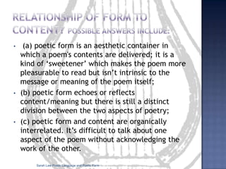 ‘Swan and Shadow’ (John Hollander, 1967)                            Dusk                         Above the                    water hang the                              loud                             flies                             Here                            O so                           gray                          then                         What             A pale signal will appear                        When         Soon before its shadow fades                       Where       Here in this pool of opened eye                       In us     No Upon us As at the very edges                        of where we take shape in the dark air                         this object bares its image awakening                           ripples of recognition that will                              brush darkness up into lighteven after this bird this hour both drift by atop the perfect sad instant now                              already passing out of sight                           toward yet-untroubled reflection                         this image bears its object darkening                        into memorial shades Scattered bits of                       light     No of water Or something across                       water       Breaking up No Being regathered                        soon         Yet by then a swan will have                         gone             Yes out of mind into what                          vast                           pale                            hush                             of a                             place                              past                    sudden dark as                         if a swan                            sangSarah Law Poetic Language and Poetic Form