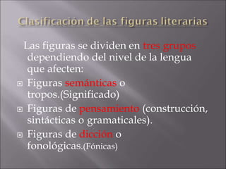 Las figuras se dividen en tres grupos
dependiendo del nivel de la lengua
que afecten:
 Figuras semánticas o
tropos.(Significado)
 Figuras de pensamiento (construcción,
sintácticas o gramaticales).
 Figuras de dicción o
fonológicas.(Fónicas)
 