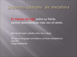 El manojo de trigo sobre su frente
parece desordenarse más con el viento.
Manojo de trigo= cabello rubio, liso y largo.
Se usa un lenguaje connotativo y el lector establece la
relación
imaginariamente.
 