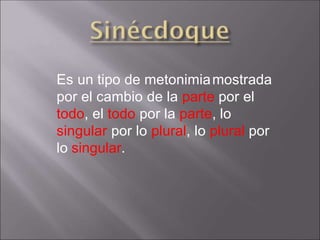 Es un tipo de metonimiamostrada
por el cambio de la parte por el
todo, el todo por la parte, lo
singular por lo plural, lo plural por
lo singular.
 