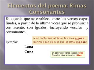 Es aquella que se establece entre los versos cuyos
finales, a partir de la última vocal que se pronuncia
con acento, son iguales, incluyendo vocales y
consonantes.
Ejemplos
Luna
Cuna
 