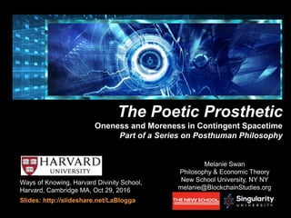 Ways of Knowing, Harvard Divinity School,
Harvard, Cambridge MA, Oct 29, 2016
Slides: http://slideshare.net/LaBlogga
Bitcoin and Blockchain Explained
Melanie Swan
Philosophy & Economic Theory
New School University, NY NY
melanie@BlockchainStudies.org
The Poetic Prosthetic
Oneness and Moreness in Contingent Spacetime
Part of a Series on Posthuman Philosophy
cryptophilosophy
 
