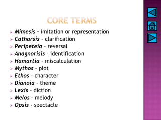  Mimesis – imitation or representation
 Catharsis – clarification
 Peripeteia – reversal
 Anagnorisis – identification...