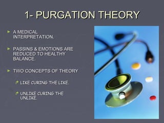 1- PURGATION THEORY
►   A MEDICAL
    INTERPRETATION.

►   PASSINS & EMOTIONS ARE
    REDUCED TO HEALTHY
    BALANCE.

►   TWO CONCEPTS OF THEORY

     LIKE CURING THE LIKE.

     UNLIKE CURING THE
      UNLIKE.
 