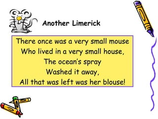 Another Limerick
There once was a very small mouse
Who lived in a very small house,
The ocean’s spray
Washed it away,
All that was left was her blouse!
 