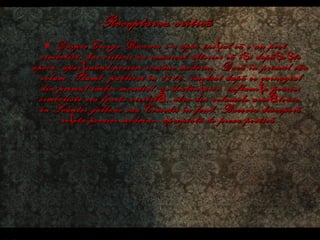 Receptarea criticã   Despre George Bacovia s-a spus ini ţ ial cã e un poet simbolist, dar criticii au remarcat ulterior cã î ş i depã ş e ş te epoca, apar ţ inând poeziei române moderne. Dacã în primul sãu volum, Plumb, publicat în 1916, imediat dupã ce carnagiul din primul rãzboi mondial, se dezlãn ţ uise, influenţa poeziei simboliste era foarte vizibilă, abia din volumele următoare, în  Scântei galbene  sau  Comedii în fond , Bacovia descoperã re ţ eta poeziei moderne, apropiatã de proza poeticã.   