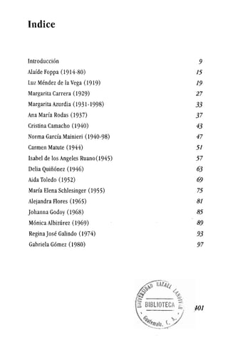 Indice
Introducci6n 9
Alaide Foppa (1914-80) 15
Luz Mendez de la Vega (1919) 19
Margarita Carrera (1929) 27
Margarita Azurdia (1931-1998) 33
Ana Maria Rodas (1937) 37
Cristina Camacho (1940) 43
Norma Garcia Mainieri (1940-98) 47
Carmen Matute (1944) 51
Isabel de los Angeles Ruano(1945) 57
Delia Quiii6nez (1946) 63
Aida Toledo (1952) 69
Maria Elena Schlesinger (1955) 75
Alejandra Flores (1965) 81
Johanna Godoy (1968) 85
Monica Albizurez (1969) 89
Regina Jose Galindo (1974) 93
Gabriela Gomez (1980) 97
l-fJ1
 