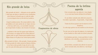 Río grande de loíza
¡Río grande de loíza!... Alárgate en mi espíritu
y deja que mi alma se pierda en tus riachuelos,
para buscar la fuente que te robó de niño
y en un ímpetu loco te devolvió al sendero.
Llegó la adolescencia. Me sorprendió la vida
prendida en lo más ancho de tu viajar eterno;
y fui tuya mil veces, y en un bello romance
me despertaste el alma y me besaste el cuerpo.
¿Adónde te llevaste las aguas que bañaron
mis formas, en espiga del sol recién abierto?
¡quién sabe en qué remoto país mediterráneo
algún fauno en la playa me estará poseyendo!
¡Río grande de loíza!... Río grande. Llanto grande.
El más grande de todos nuestros llantos isleños,
si no fuera más grande el que de mi se sale
por los ojos del alma para mi esclavo pueblo.
Poema de la íntima
agonía
Este corazón mío, tan abierto y tan simple,
es ya casi una fuente debajo de mi llanto.
Es un dolor sentado más allá de la muerte.
Un dolor esperando... Esperando... Esperando...
Todas las horas pasan con la muerte en los
hombros.
Yo sola sigo quieta con mi sombra en los brazos.
No me cesa en los ojos de golpear el crepúsculo,
ni me tumba la vida como un árbol cansado.
Creyéndome gaviota, verme partido el vuelo,
dándome a las estrellas, encontrarme en los
charcos.
¡Oh mi dolor, sentado más allá de la muerte!
¡Este corazón mío, tan abierto y tan largo!
Fragmentos de obras
 