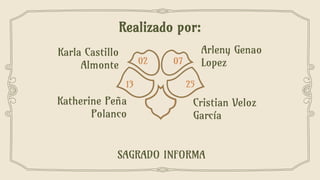 Realizado por:
Arleny Genao
Lopez
Katherine Peña
Polanco
Cristian Veloz
García
Karla Castillo
Almonte
13 25
SAGRADO INFORMA
02 07
 