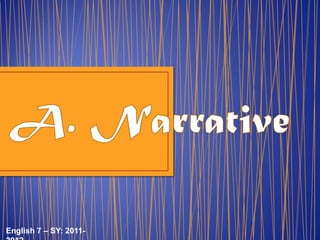 - A nondramatic poem that tells a story or presents a narrative, whether simple or complex, long or short. Epics, ballads, Metrical romances are among the many kinds of narrative poems.English 7 – SY: 2011-2012
