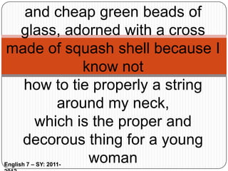 -	The elegy dwells on death and the sorrow that comes with the contemplation of loss.-	Addresses an object in lofty terms.-	More complicated than most of the lyric types.English 7 – SY: 2011-2012