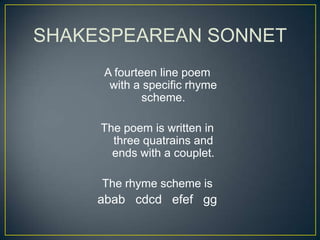 SHAKESPEAREAN SONNET
A fourteen line poem
with a specific rhyme
scheme.
The poem is written in
three quatrains and
ends with a couplet.
The rhyme scheme is
abab cdcd efef gg
 