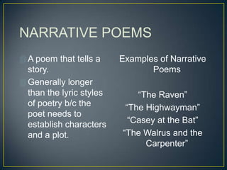 NARRATIVE POEMS
 A poem that tells a
story.
 Generally longer
than the lyric styles
of poetry b/c the
poet needs to
establish characters
and a plot.
Examples of Narrative
Poems
“The Raven”
“The Highwayman”
“Casey at the Bat”
“The Walrus and the
Carpenter”
 