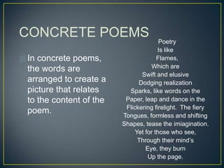 CONCRETE POEMS
 In concrete poems,
the words are
arranged to create a
picture that relates
to the content of the
poem.
Poetry
Is like
Flames,
Which are
Swift and elusive
Dodging realization
Sparks, like words on the
Paper, leap and dance in the
Flickering firelight. The fiery
Tongues, formless and shifting
Shapes, tease the imiagination.
Yet for those who see,
Through their mind’s
Eye, they burn
Up the page.
 