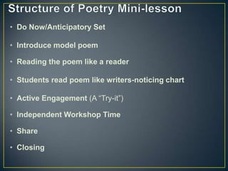 • Do Now/Anticipatory Set
• Introduce model poem
• Reading the poem like a reader
• Students read poem like writers-noticing chart
• Active Engagement (A “Try-it”)
• Independent Workshop Time
• Share
• Closing
 