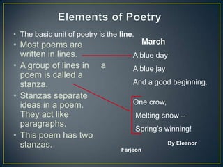 • The basic unit of poetry is the line.
• Most poems are
written in lines.
• A group of lines in a
poem is called a
stanza.
• Stanzas separate
ideas in a poem.
They act like
paragraphs.
• This poem has two
stanzas.
March
A blue day
A blue jay
And a good beginning.
One crow,
Melting snow –
Spring’s winning!
By Eleanor
Farjeon
 